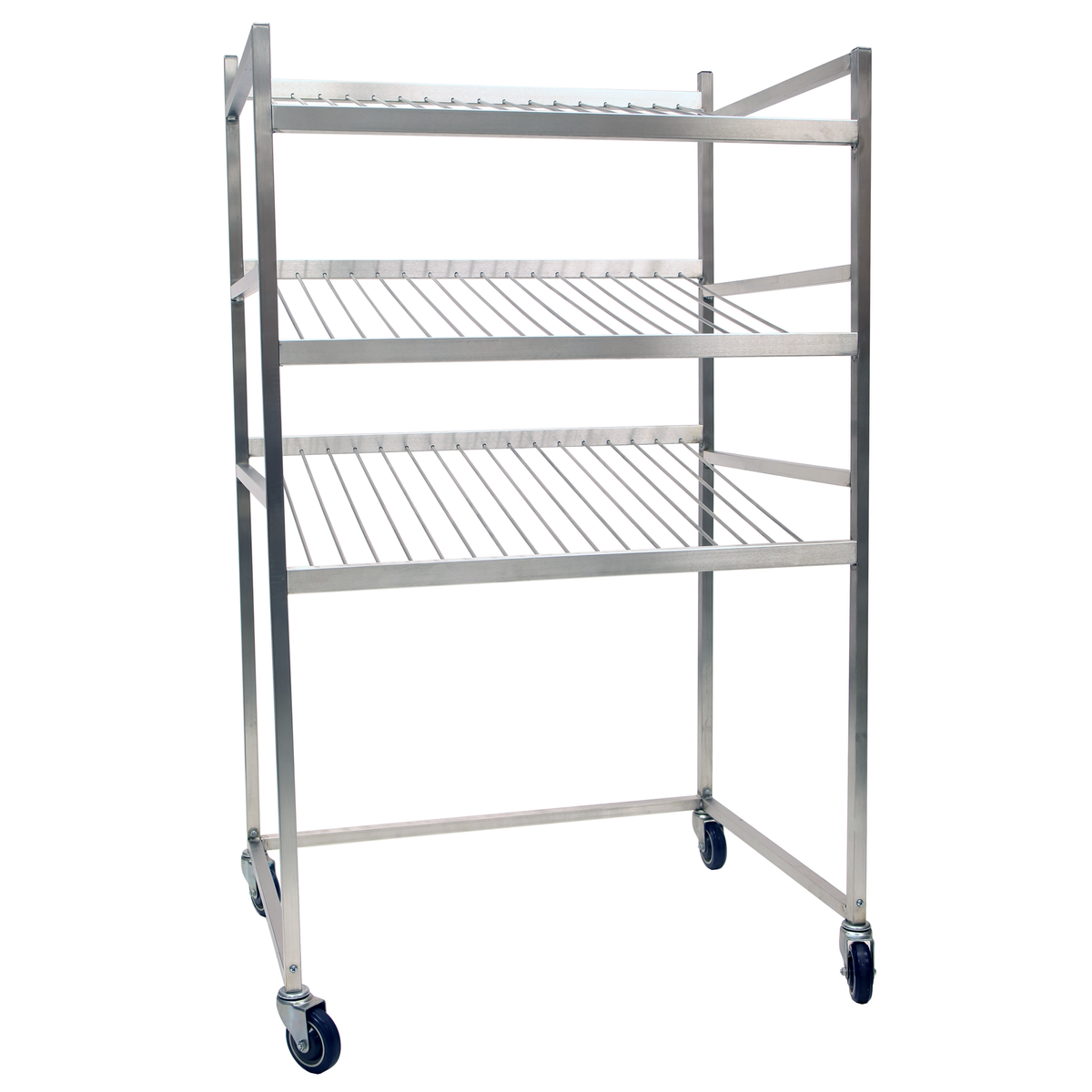 Merchandiser Rack with with Slanted Shelves, Stainless Steel, Stem Cas ...